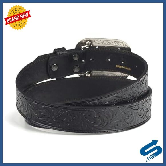 Western Tooled Leather Belt with Rhinestone Buckle, 1.5 Inch Wide main image 3